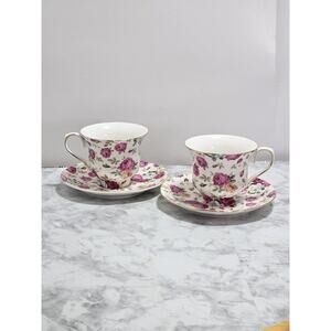GRACE TEAWARE Tea Cup & Saucer Set Pink Roses Flowers Gold Rim Plate Floral